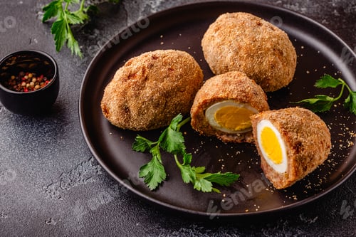 Preview: Traditional Scotch Eggs on a black plate.
