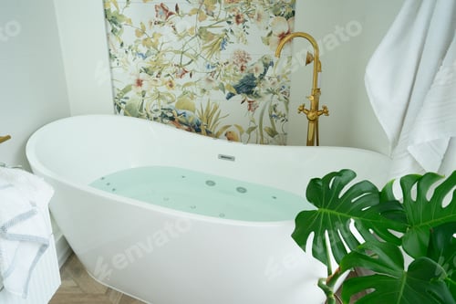 Preview: White bathroom with big window and big bathtube