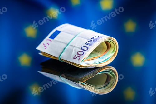 Preview: Euro banknotes in front of Europe union flag. Paper European currency.