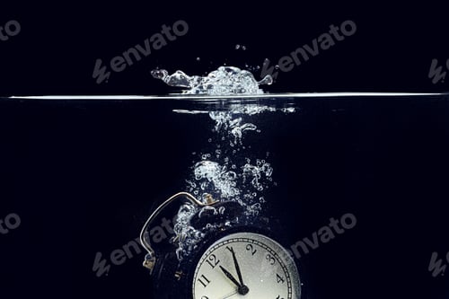 Preview: Alarm clock falling into the water against black background