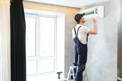 Preview: Happy Male Technician Repairing Air Conditioner.