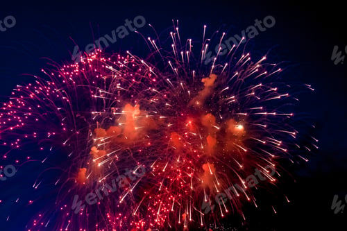 Preview: Fireworks with sparks, colored stars and bright nebula on black night sky universe, comets