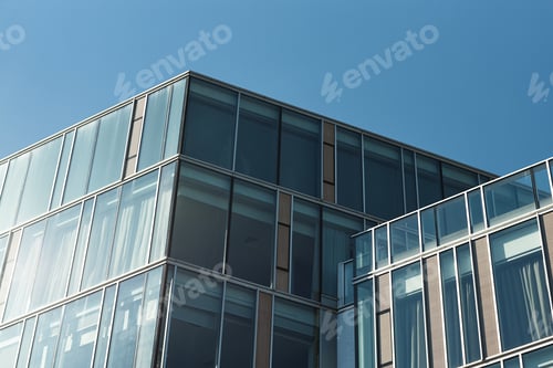 Preview: Glass Office Building in Minimalist Geometric Design against Blue Sky in City