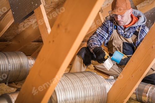 Preview: Male Contractor Binding Ventilation Pipes With Duct Tape.