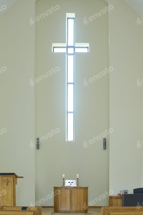 Preview: Empty service hall in modern catholic or evangelical church with cross on wall