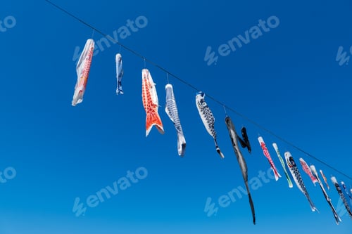 Preview: Koinobori (Japanese carp streamer) under the blue sky. Japanese child's day concept.