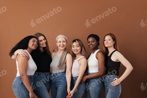 Preview: Multi-ethnic group of women of different ages posing against brown background looking at camera