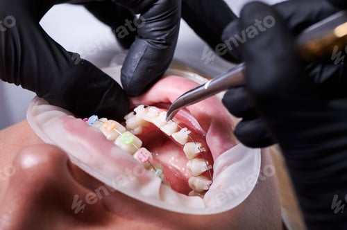 Preview: Dental procedure, process of attaching white ceramic braces and steel wire with a help of tongs