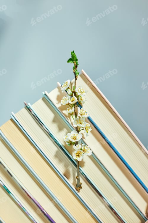 Preview: Stack of books with branch flowers, World book day