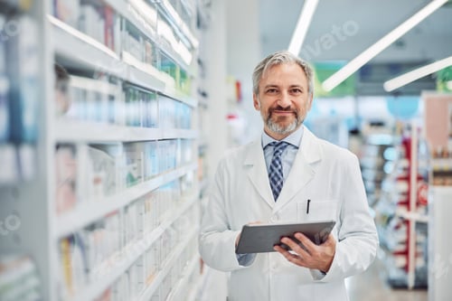 Preview: Portrait of a grey-bearded senior male pharmacist holding a tablet at the workplace.