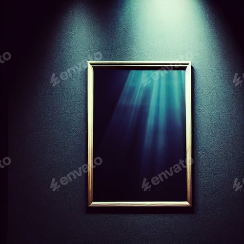 Preview: empty golden frame on a blue wall
