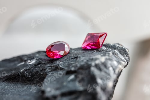 Preview: Glimmering natural pink sapphire gemstones on a rugged rock surface