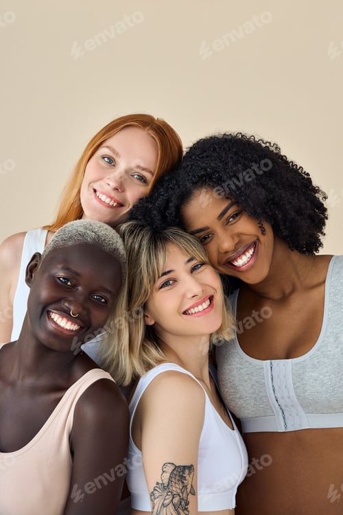 Preview: Happy cool gen z girls wear underwear looking at camera, beauty portrait.