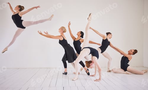Preview: Ballet training, dance students or studio routine with group diversity of ballerina dancers in jump