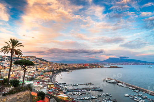 Preview: Naples, Italy aerial skyline on the bay with Mt. Vesuvius