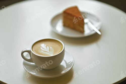 Preview: coffee cup latte with cake on the table