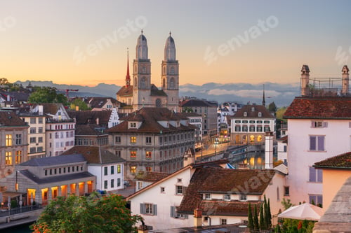 Preview: Zurich, Switzerland Town Skyline at Dawn