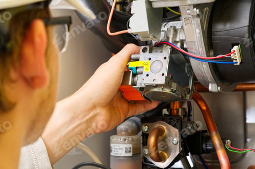 Preview: Technician servicing or Repair of a gas boiler, setting up and servicing. gas boiler for heating