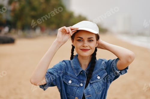 Preview: Happy Young Female with Pretty Smile, Posing Confidently in Casual Summer Fashion, Standing Outdoors