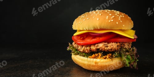 Preview: Burger (Roll, Cutlets, Cheese, Lettuce, Tomato, Onion, Sauce And More) Menu Concept. Food