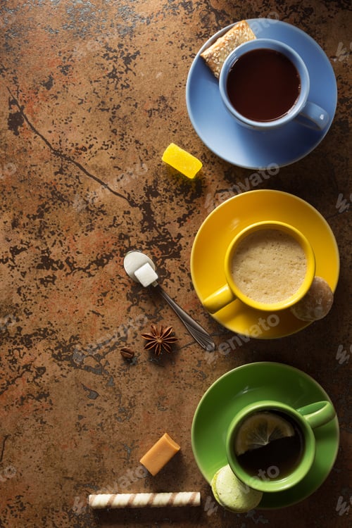 Preview: cup of coffee, tea and cacao at