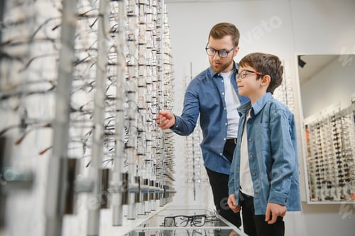 Preview: Father with cute son. Family buy glasses