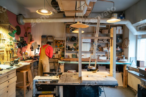 Preview: Rearview of busy carpenter preparing tools for woodworking in workshop, setting up machinery