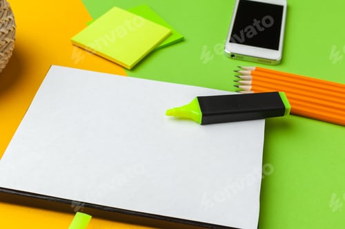 Preview: Blank paper with smart phone on desk.top view,flat lay