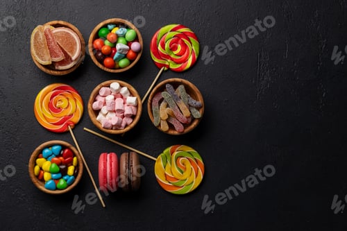 Preview: Various colorful candies, lollipops, and macaroons