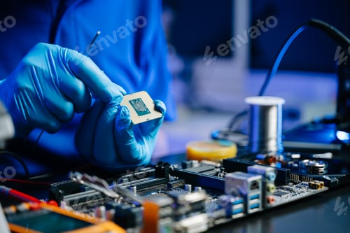 Preview: Technician with gloves installs CPU on motherboard using tools. High-tech computer repair, DIY
