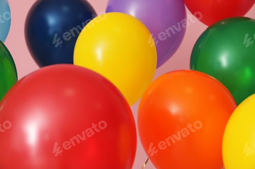 Preview: Bright balloons on color background. Celebration time