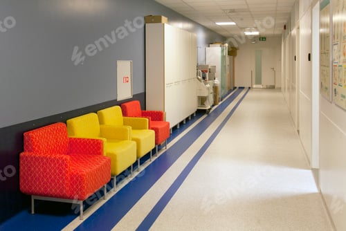 Preview: Corridor and waiting areas of a modern hospital with seating