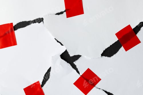 Preview: Ripped up pieces of white paper stuck together with red tape on black background