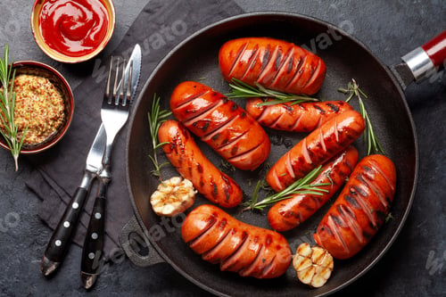 Preview: Hot grilled sausages in a frying pan