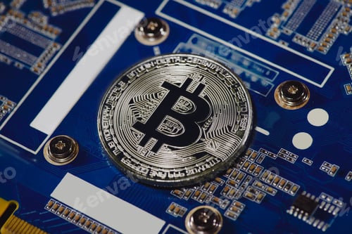 Preview: Close up view of silver bitcoin on computer motherboard