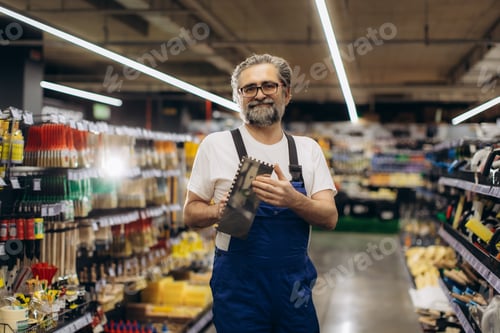 Preview: Professional man holding a trowel in hardware store