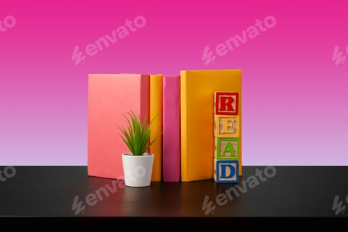 Preview: Stack of books on black wooden table