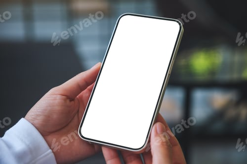 Preview: Mockup image of a woman holding mobile phone with blank desktop screen in cafe