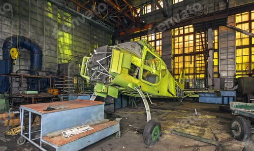 Preview: The body of a light-engine aircraft in an abandoned industrial building
