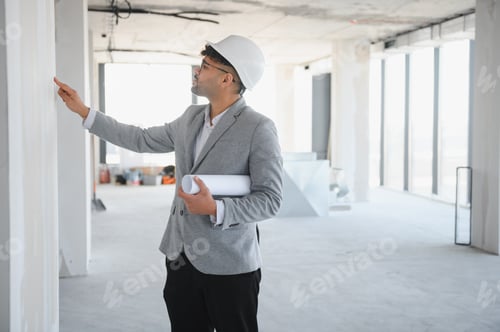 Preview: Arab Architect inspecting newly constructed building with blueprint in hand