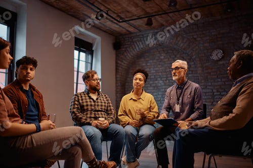 Preview: Mature psychotherapist having group meeting with participants of mental health therapy session.