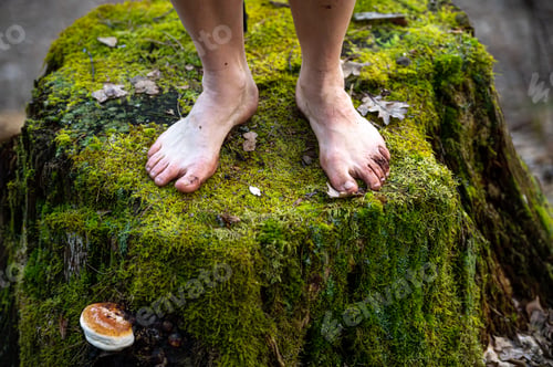 Preview: Barefoot on mossy stump. Shallow depth of feld