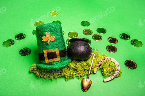Preview: Gold coins scattered on green isolated background, St. Patricks hat, leprechaun kettle, horseshoe