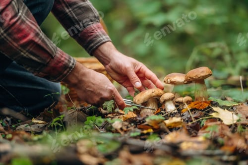 Preview: Bended down to cut. Close up view of man that is doing mushroom picking in the forest