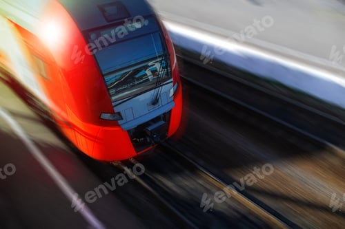Preview: Modern high-speed train in motion, close-up, copy space. Motion Blur