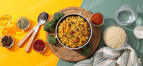 Preview: Pilaf in bowl, spices, rice and glass of water on yellow and green background, top view