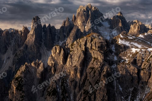 Preview: Closeup shot of the snowy rocks of the Mountain Cadini di Misurina in Italian Alps