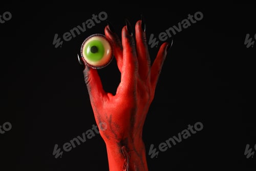 Preview: Eye in red female hand on black background
