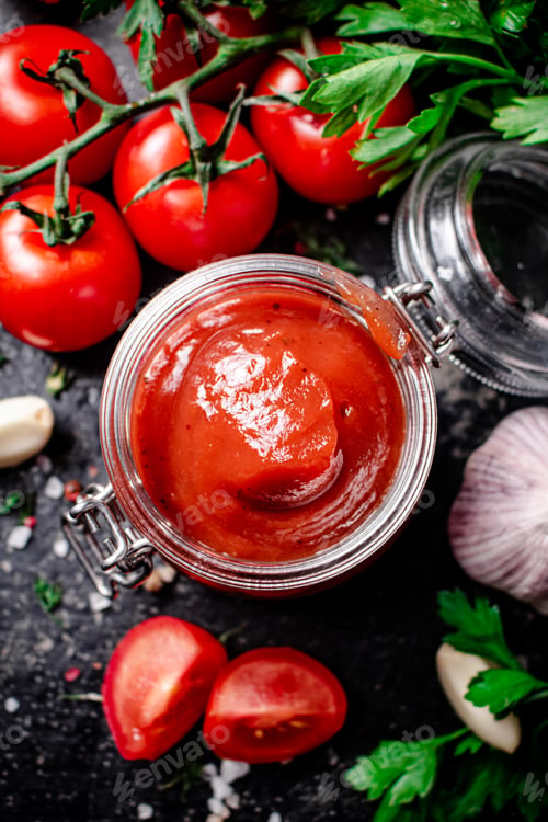Preview: Tomato sauce in a glass jar with parsley and garlic.