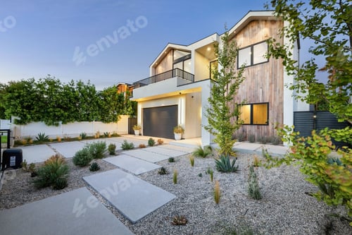 Aperçu: Modern two-story house with minimalist landscaping